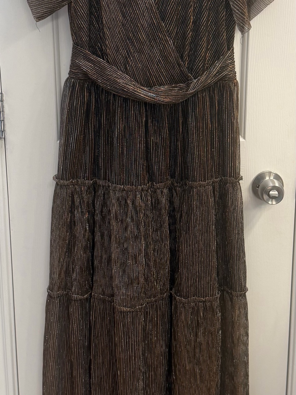 Brown Metallic Pleated Maxi Dress with Subtle Shimmer
